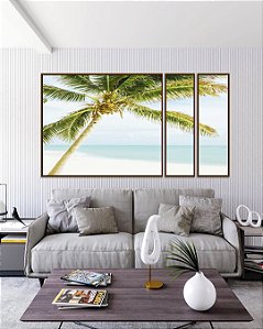 Trio de Quadros Estilizados Coqueiro em Praia de Mar Azul Turquesa Natureza Canvas Moldura