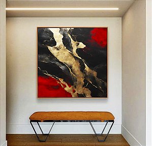 Quadro Quadrado Arte Vermelho Preto Dourado Efeito Pintura Abstrato Canvas Moldura
