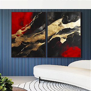 Duo de Quadros Arte Vermelho Preto Dourado Efeito Pintura Abstrato Canvas Moldura