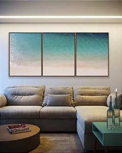 Trio de Quadros Mar Azul Turquesa e Praia de Areia Clara Tropical Canvas Moldura