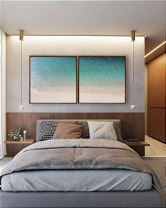 Duo de Quadros Quadrados Mar Azul Turquesa e Praia de Areia Clara Tropical Canvas Moldura