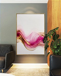 Quadro Vertical Arte Fluida Rosa Dourado Abstrato Ondas Canvas Com Moldura