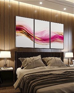 Trio de Quadros Arte Fluida Rosa Dourado Abstrato Ondas Canvas Com Moldura