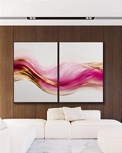 Duo de Quadros Arte Fluida Rosa Dourado Abstrato Ondas Canvas Com Moldura