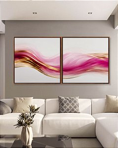 Duo de Quadros Quadrados Arte Fluida Rosa Dourado Abstrato Ondas Canvas Com Moldura