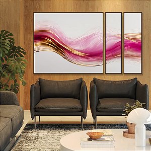 Trio de Quadros Estilizados Arte Fluida Rosa Dourado Abstrato Ondas Canvas Com Moldura