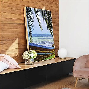 Quadro Vertical Barco em Praia Litoral Coqueiro Natureza Canvas Moldura