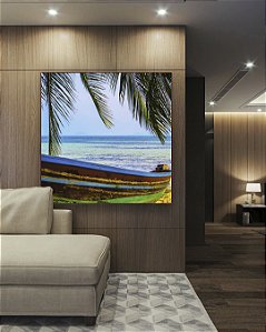 Quadro Quadrado Barco em Praia Litoral Coqueiro Natureza Canvas Moldura