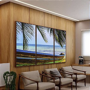 Trio de Quadros Barco em Praia Litoral Coqueiro Natureza Canvas Moldura