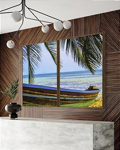 Duo de Quadros Barco em Praia Litoral Coqueiro Natureza Canvas Moldura