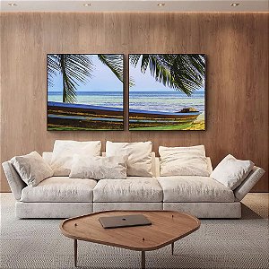 Duo de Quadros Quadrados Barco em Praia Litoral Coqueiro Natureza Canvas Moldura