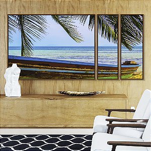 Trio de Quadros Estilizados Barco em Praia Litoral Coqueiro Natureza Canvas Moldura