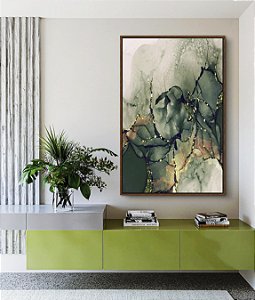 Quadro Vertical Abstrato Cores Verde Cobre Arte Fluída Canvas Moldura