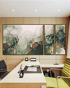 Trio de Quadros Estilizados Abstrato Cores Verde Cobre Arte Fluída Canvas Moldura