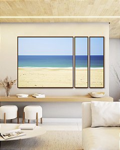 Trio de Quadros Estilizados Mar Azul Céu Limpo e Praia de Areia Clara Arte Canvas Moldura