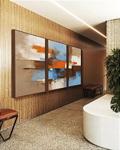 Trio de Quadros Abstrato Efeito Pintura Cores Marrom Laranja Azul Canvas Moldura