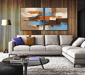 Duo de Quadros Quadrados Abstrato Efeito Pintura Cores Marrom Laranja Azul Canvas Moldura