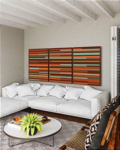 Trio de Quadros Abstrato Mosaico Listras Laranja Verde Turquesa Arte Canvas Moldura