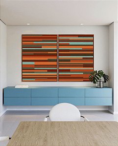 Duo de Quadros Abstrato Mosaico Listras Laranja Verde Turquesa Arte Canvas Moldura