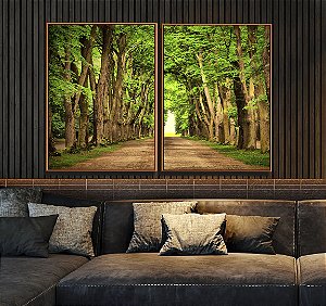 Duo de Quadros Estrada com Natureza Floresta Árvores Folhas Verdes Arte Canvas Moldura