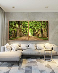 Duo de Quadros Quadrados Estrada com Natureza Floresta Árvores Folhas Verdes Arte Canvas Moldura
