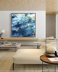 Quadro Quadrado Abstrato Azul Dourado efeito Mármore Arte Canvas Moldura