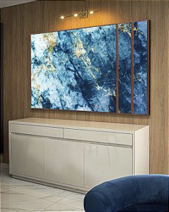 Trio de Quadros Estilizados Abstrato Azul Dourado efeito Mármore Arte Canvas Moldura