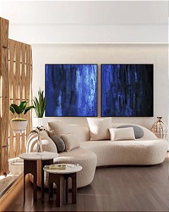 Duo de Quadros Quadrados Abstrato tons de Azul Efeito Pintura Arte Canvas Moldura