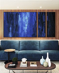 Trio de Quadros Estilizados Abstrato tons de Azul Efeito Pintura Arte Canvas Moldura
