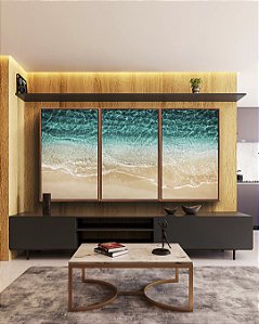 Trio de Quadros Mar de Águas Cor Turquesa e Areia Clara Natureza Canvas Moldura