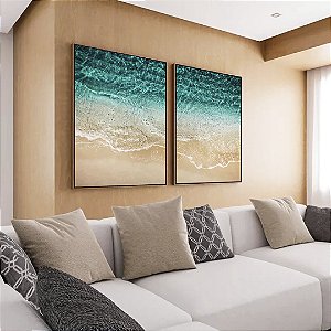 Duo de Quadros Mar de Águas Cor Turquesa e Areia Clara Natureza Canvas Moldura