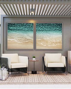 Duo de Quadros Quadrados Mar de Águas Cor Turquesa e Areia Clara Natureza Canvas Moldura