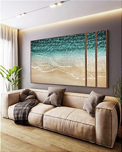 Trio de Quadros Estilizados Mar de Águas Cor Turquesa e Areia Clara Natureza Canvas Moldura