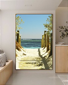Quadro Vertical Estrada Mar Águas Azuis Areia Clara Arte Canvas Moldura