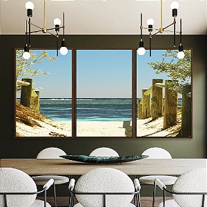 Trio de Quadros Estrada Mar Águas Azuis Areia Clara Arte Canvas Moldura