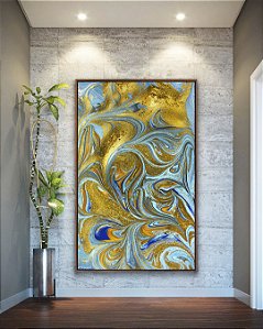 Quadro Vertical Abstrato Turquesa Dourado Arte Fluida Canvas Moldura