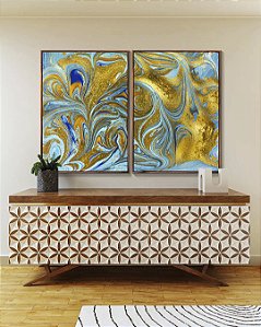 Duo de Quadros Abstrato Turquesa Dourado Arte Fluida Canvas Moldura