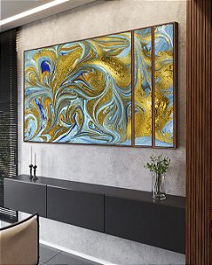 Trio de Quadros Estilizados Abstrato Turquesa Dourado Arte Fluida Canvas Moldura