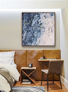 Quadro Quadrado Abstrato Azul Rosa Dourado Efeito Mármore Canvas Moldura