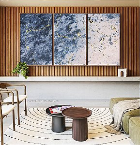 Trio de Quadros Abstrato Azul Rosa Dourado Efeito Mármore Canvas Moldura