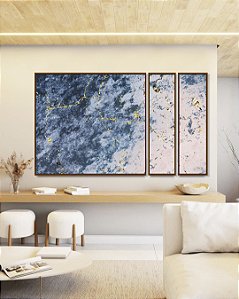 Trio de Quadros Estilizados Abstrato Azul Rosa Dourado Efeito Mármore Canvas Moldura