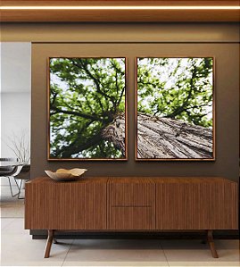 Duo de Quadros Árvore Folhas Verdes Trono Céu Claro Canvas Moldura