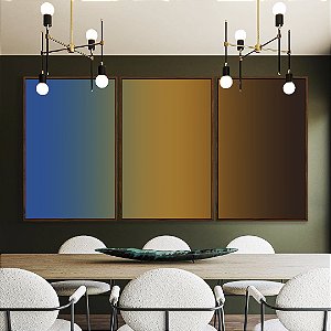 Trio de Quadros Abstrato Degradê Azul Ocre Marrom Arte Canvas Moldura