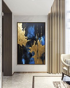 Quadro Vertical Abstrato Azul Dourado Preto Efeito Pintura Arte Canvas Moldura