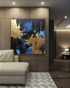 Quadro Quadrado Abstrato Azul Dourado Preto Efeito Pintura Arte Canvas Moldura