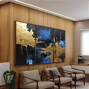 Trio de Quadros Abstrato Azul Dourado Preto Efeito Pintura Arte Canvas Moldura