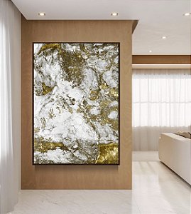Quadro Vertical Abstrato Efeito Mármore Dourado Bronze Cinza Arte Canvas Moldura