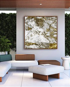 Quadro Quadrado Abstrato Efeito Mármore Dourado Bronze Cinza Arte Canvas Moldura
