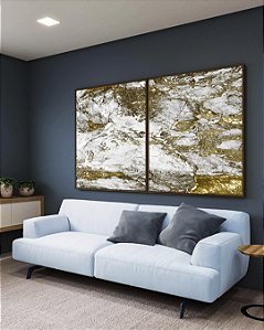 Duo de Quadros Abstrato Efeito Mármore Dourado Bronze Cinza Arte Canvas Moldura