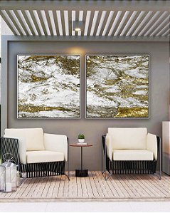 Duo de Quadros Quadrados Abstrato Efeito Mármore Dourado Bronze Cinza Arte Canvas Moldura